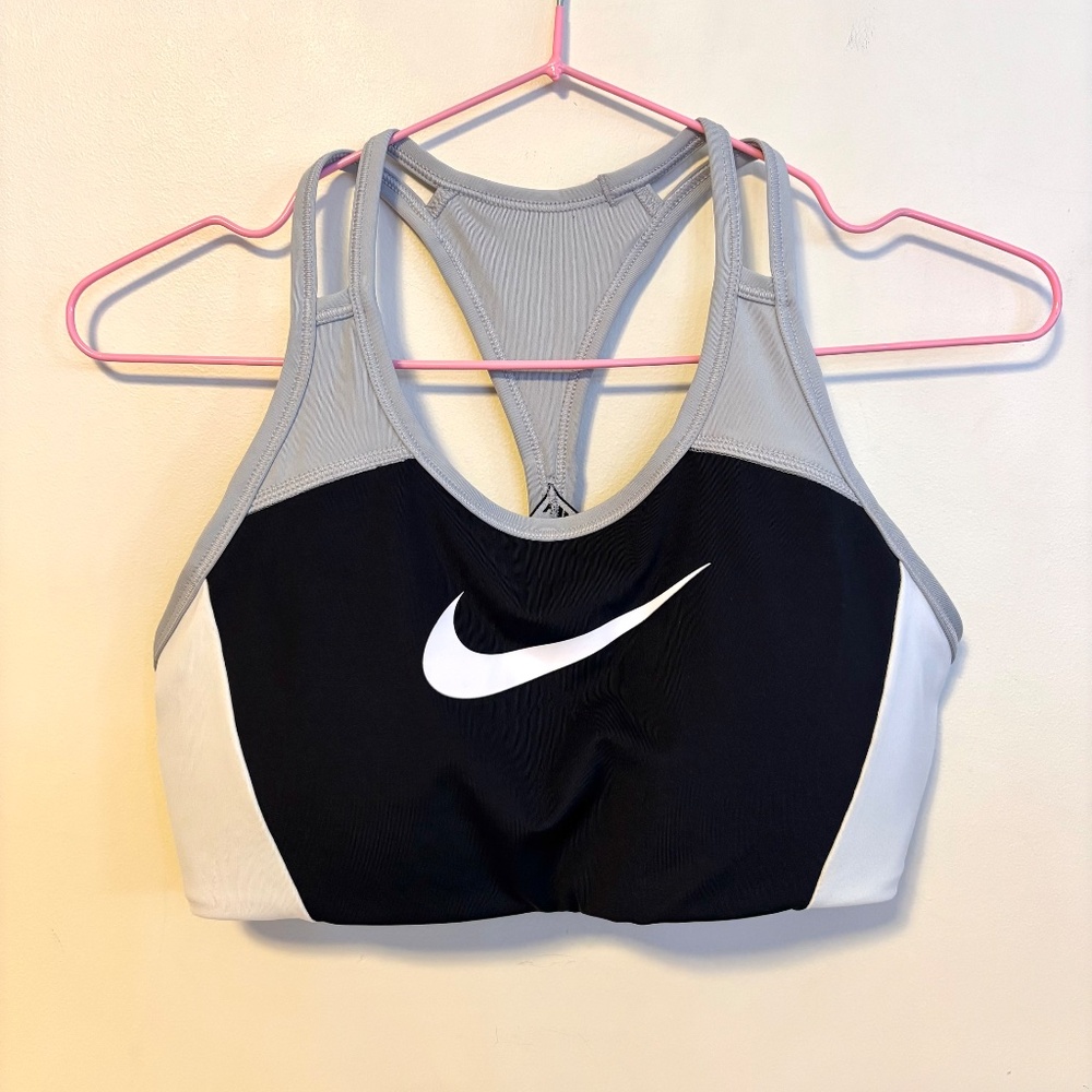 Nike Swoosh Medium Support Padded Racerback Sports Bra Black Grey White Womens M - Picture 3 of 5